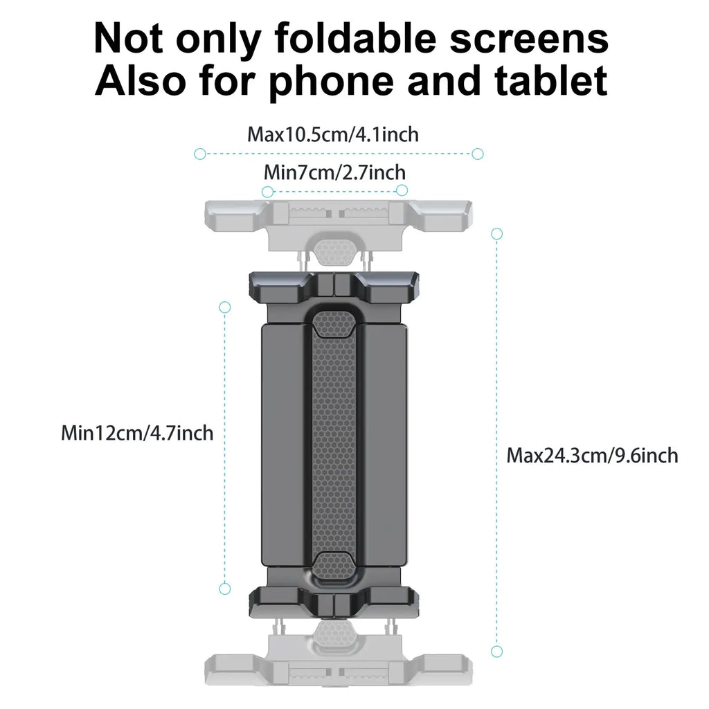 Gray plastic tablet holder tripod with adjustable length and foldable screen support for phone and tablet use