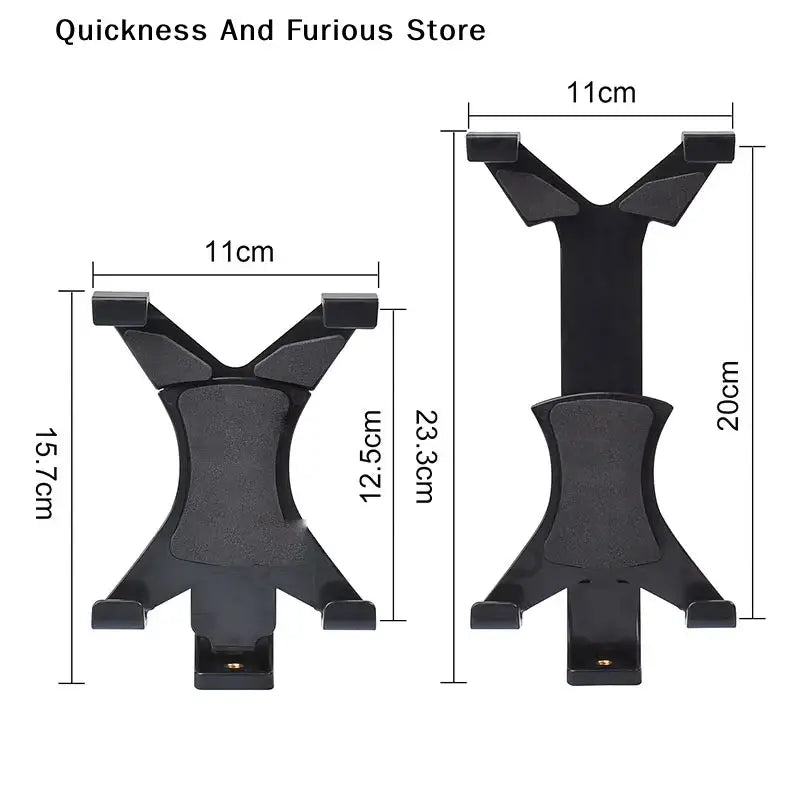 Black plastic tablet holder tripod mount with y-shaped design and adjustable clamps for secure device holding