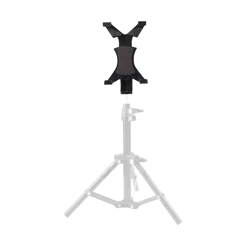 Black plastic tablet holder tripod mount with adjustable arms and central clamp for ipad and smartphones