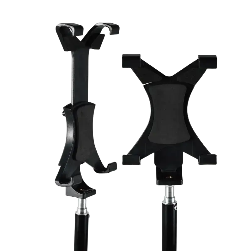 Black plastic tablet stand with adjustable clamp and telescoping pole tripod mount for ipad and smartphones