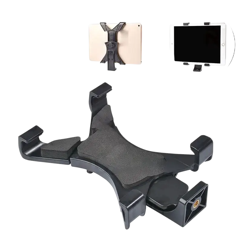 Black plastic tablet holder tripod mount with adjustable clamps and padded grip for ipad and smartphones stands