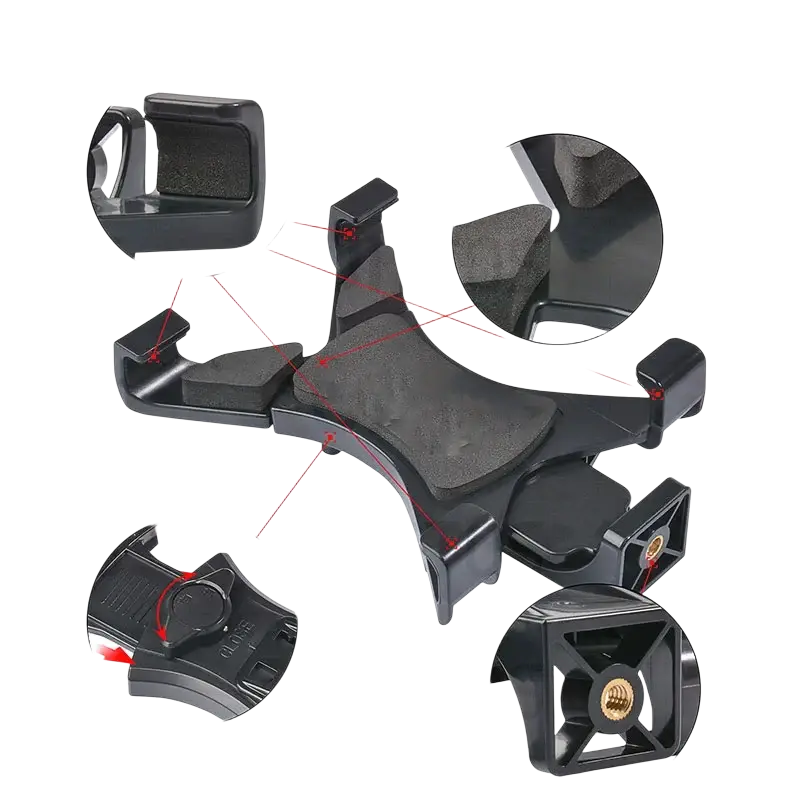 Black plastic tablet holder tripod mount with adjustable foam padded arms for secure grip of ipad and smartphones