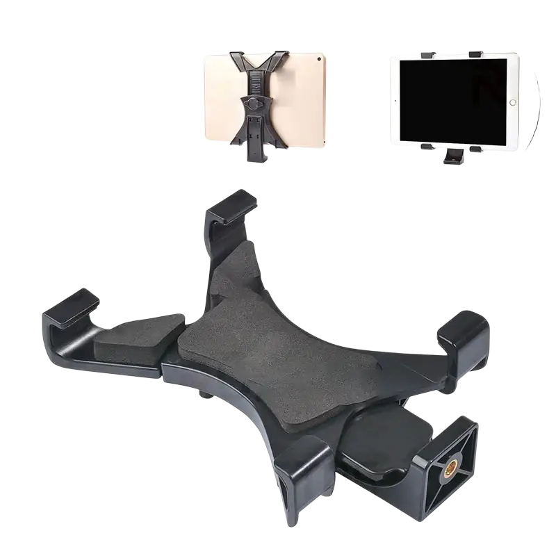 Black plastic tablet holder tripod mount with adjustable clamps and padded grip for ipad and smartphones tablet stand