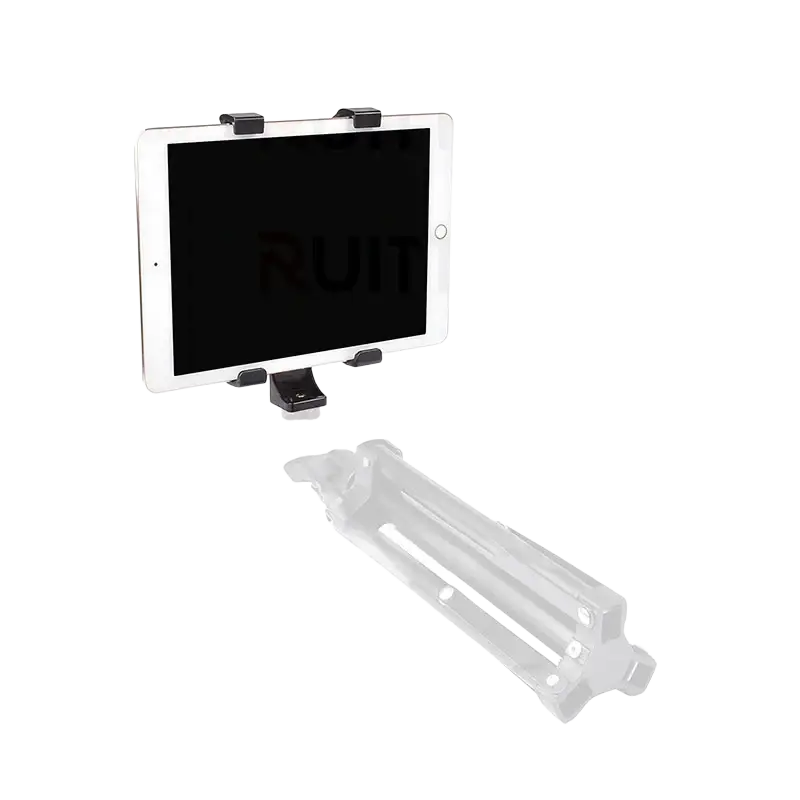 White tablet mounted on a black tripod clamp as a tablet holder tripod mount for iPad and smartphones stand