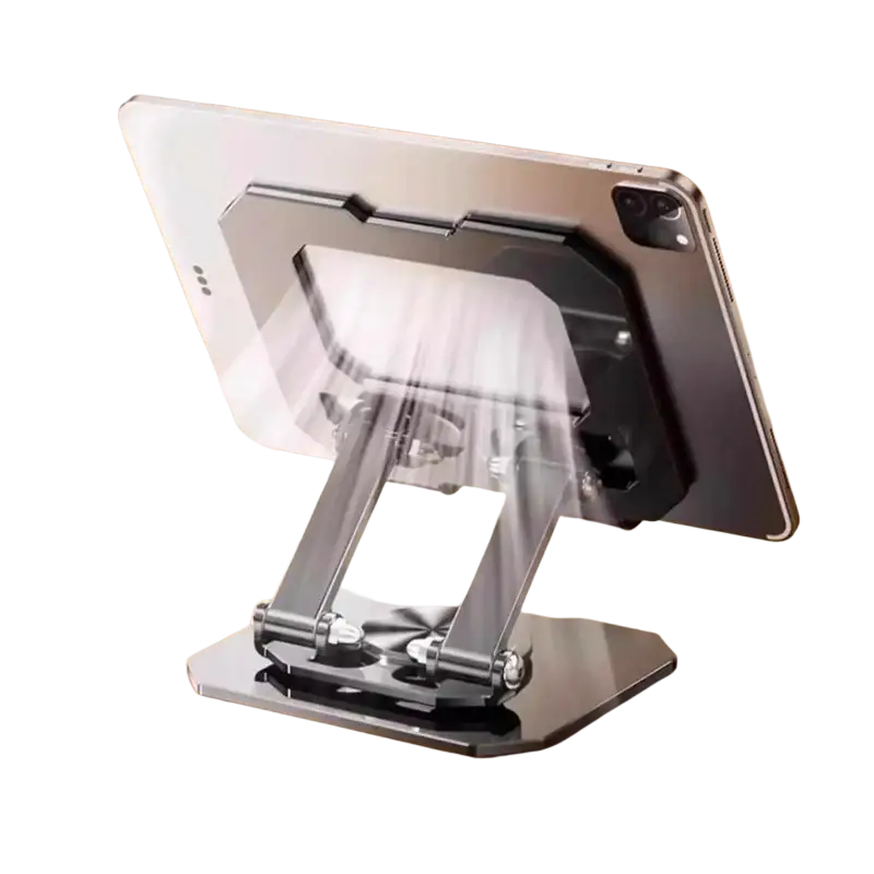 Adjustable silver metal tablet stand 360° rotatable holding a white ipad pro for versatile use