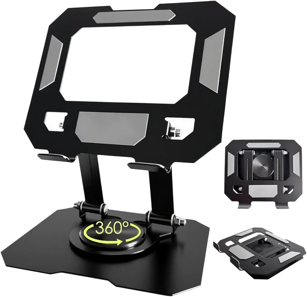 Black metal tablet stand with 360 degree rotating base and adjustable height support for ipad pro use