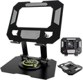 Black metal tablet stand with 360 degree rotating base and adjustable height support for ipad pro use