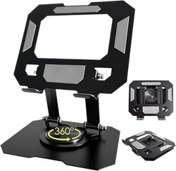 Black metal tablet stand with 360 degree rotating base and adjustable height support for ipad pro use