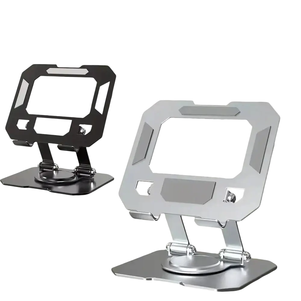 Black and silver metal tablet stand with 360 degree rotation for ipad pro featuring a sleek modern design