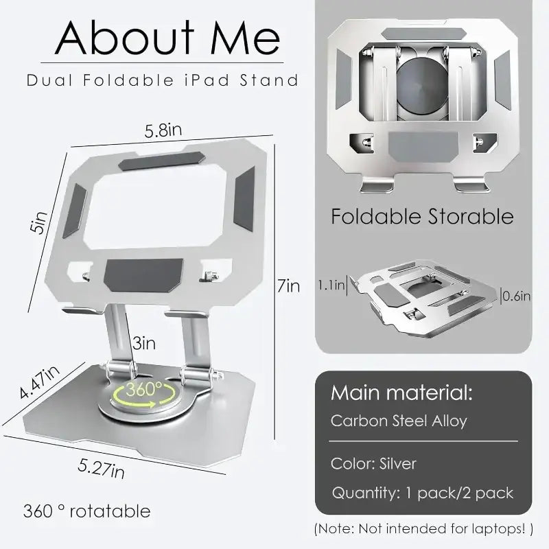 Silver dual foldable tablet stand made of carbon steel alloy with 360° rotatable design for ipad pro holders