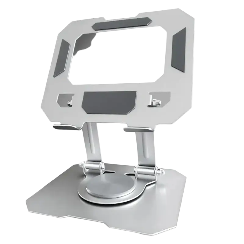 Silver metallic tablet stand with sleek angular design and adjustable height for ipad pro 360° rotatable use