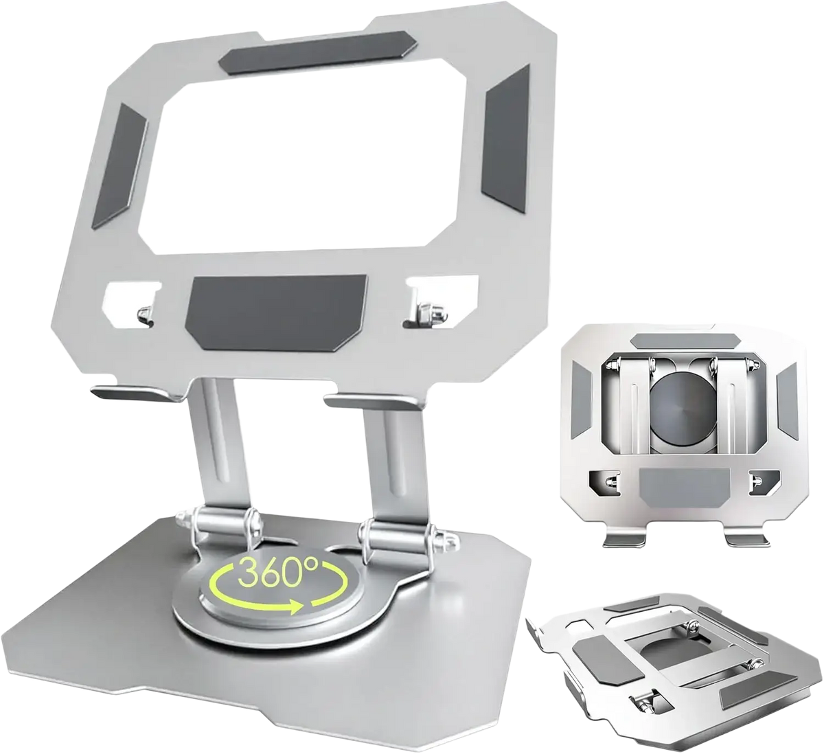 Silver metallic tablet stand with 360 degree rotating base and adjustable height support for ipad pro holders