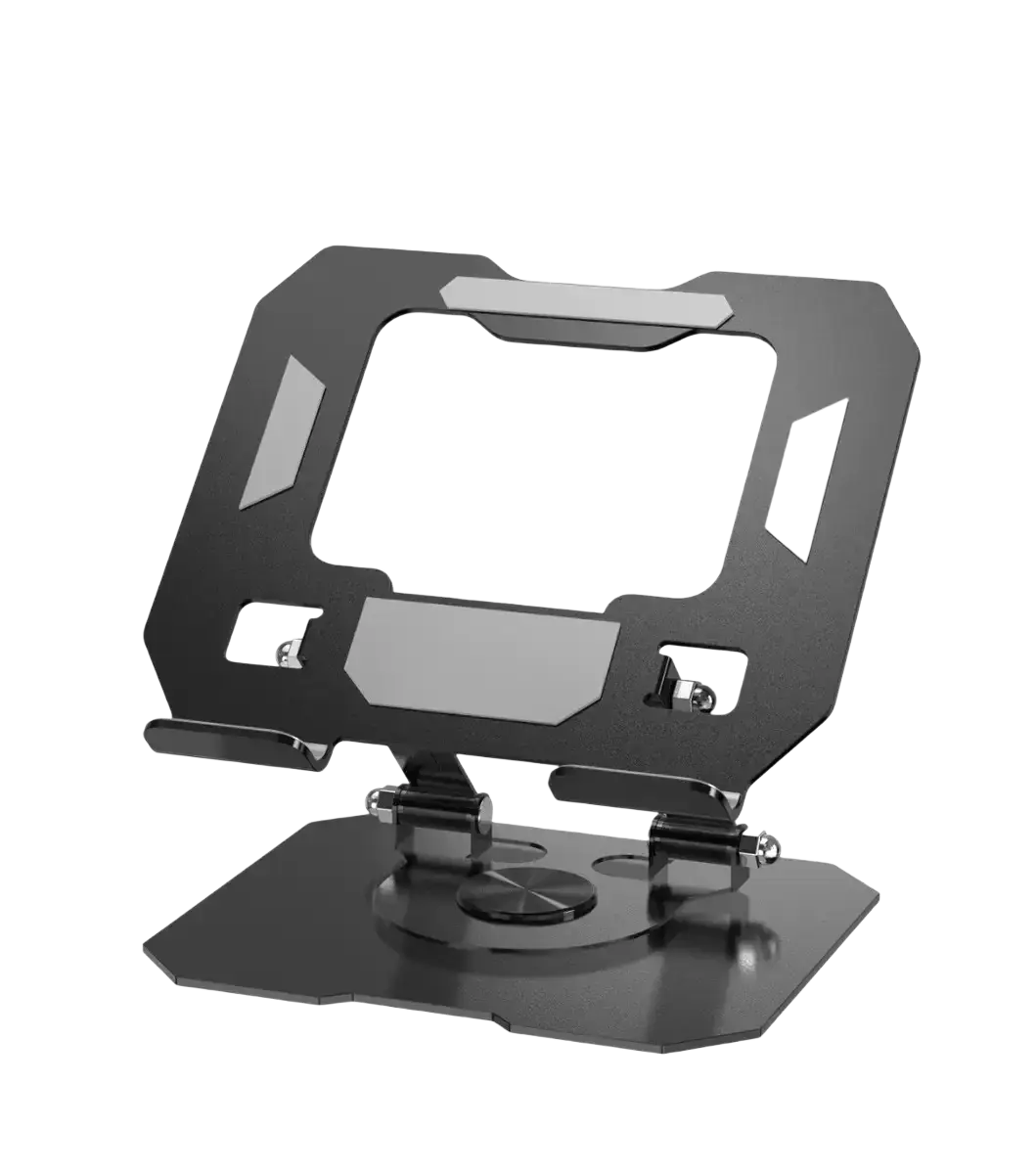 Black metal tablet stand with sleek angular design silver accents and stepless height adjustment feature