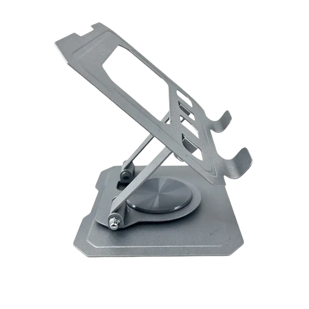 Gray metallic tablet stand with stepless height adjustment and 360 rotating design featuring stable circular base