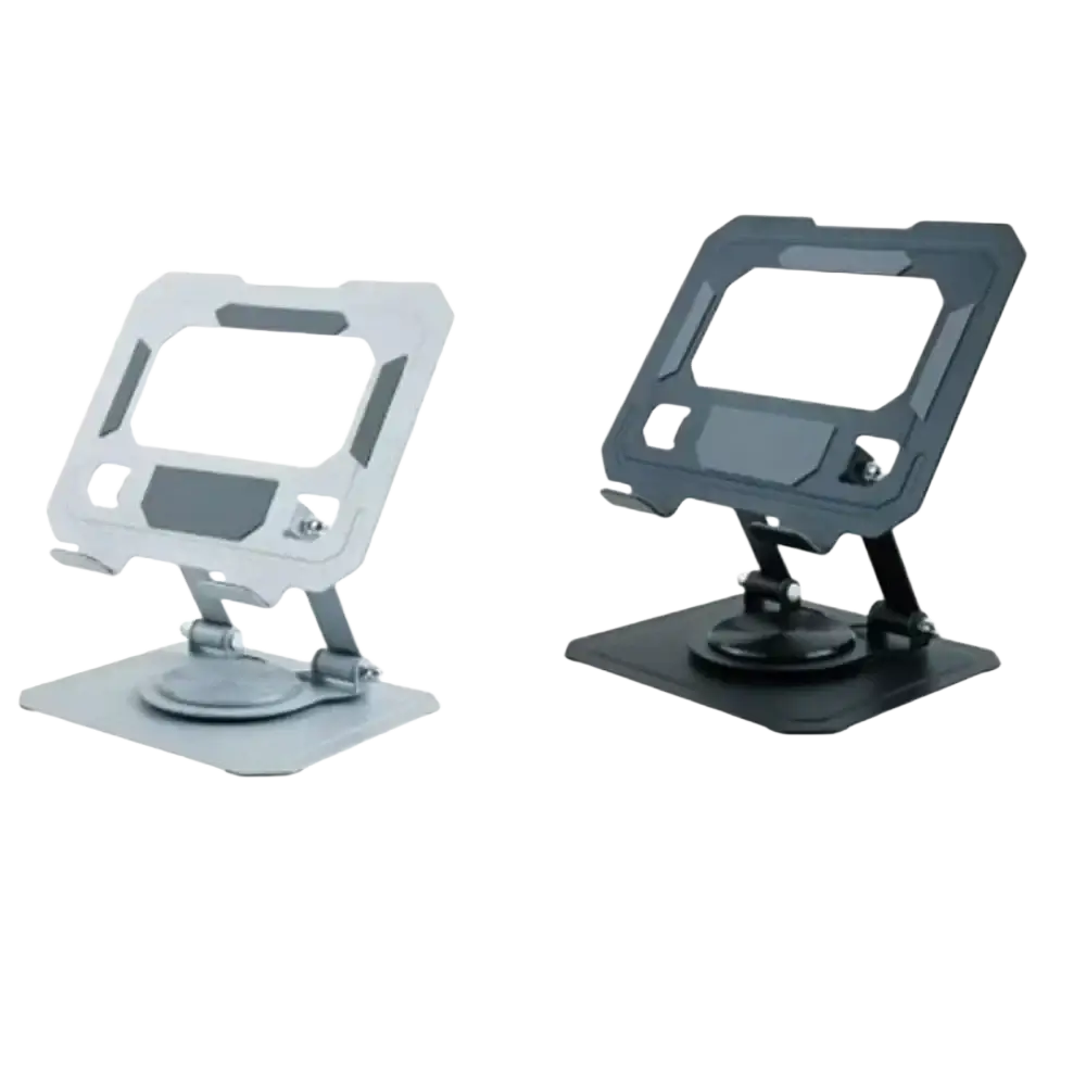 Silver and black adjustable tablet stand with articulated arms and sleek design featuring stepless height adjustment