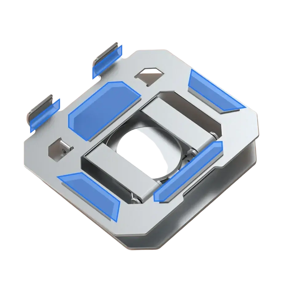 Silver and blue geometric tablet stand with 360 rotating stepless height adjustment and sleek modern design