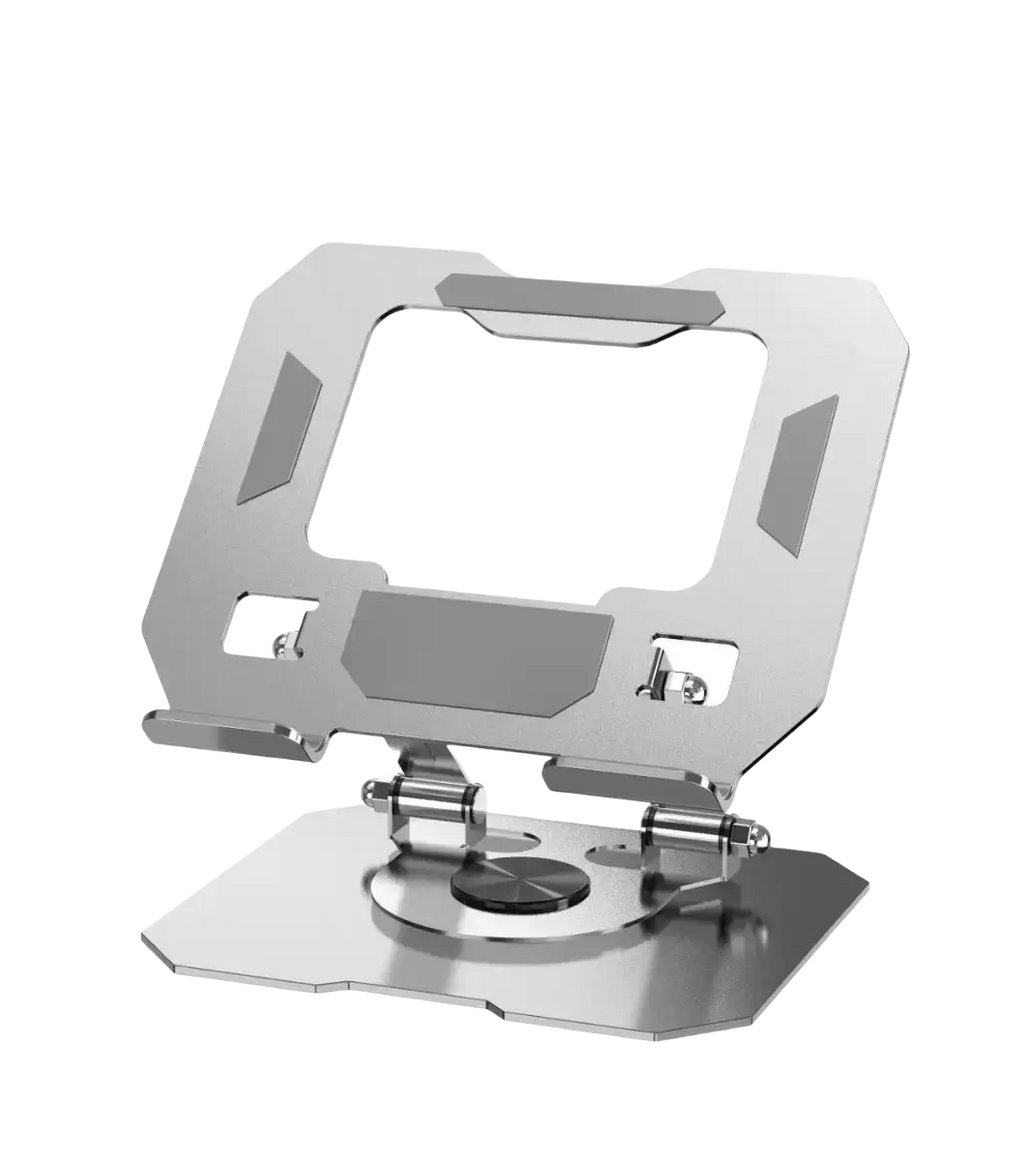 Silver metallic tablet stand with sleek angular design and 360 rotating stepless height adjustment mechanism