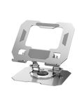 Silver metallic tablet stand with sleek angular design and 360 rotating stepless height adjustment mechanism