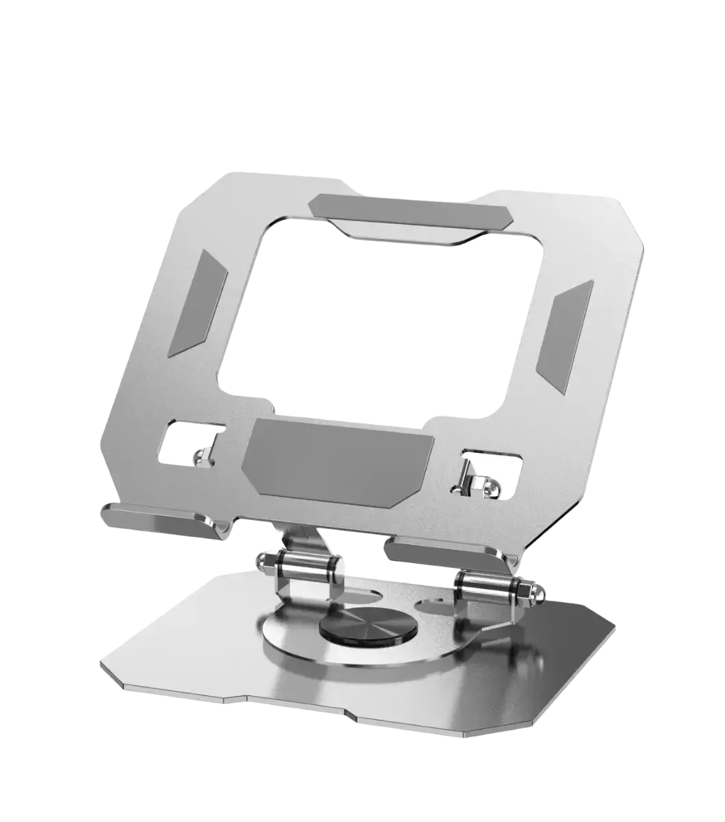 Silver metallic tablet stand with sleek angular design and 360 rotating stepless height adjustment mechanism