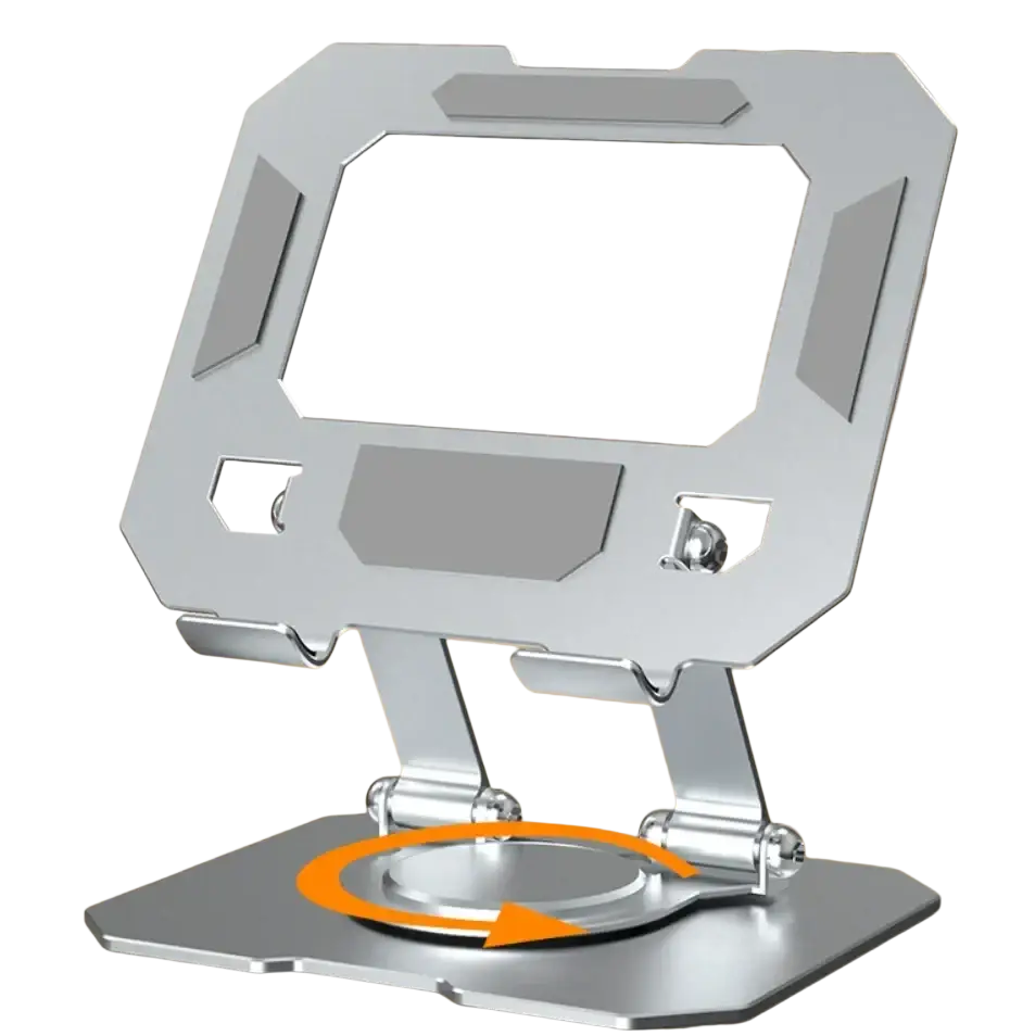 Silver metallic foldable tablet stand with sleek angular design and stepless height adjustable legs for versatile use