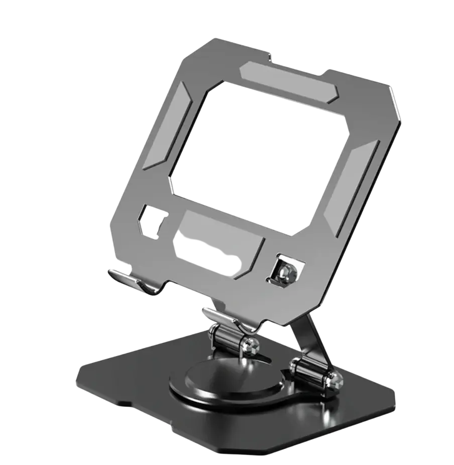 Silver metallic tablet stand with angular geometric design black base and stepless height adjustable feature