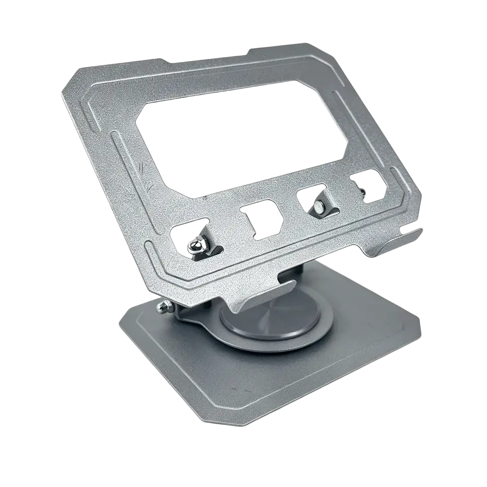 Silver metallic tablet stand with sleek angular design and adjustable clamp featuring stepless height adjustment