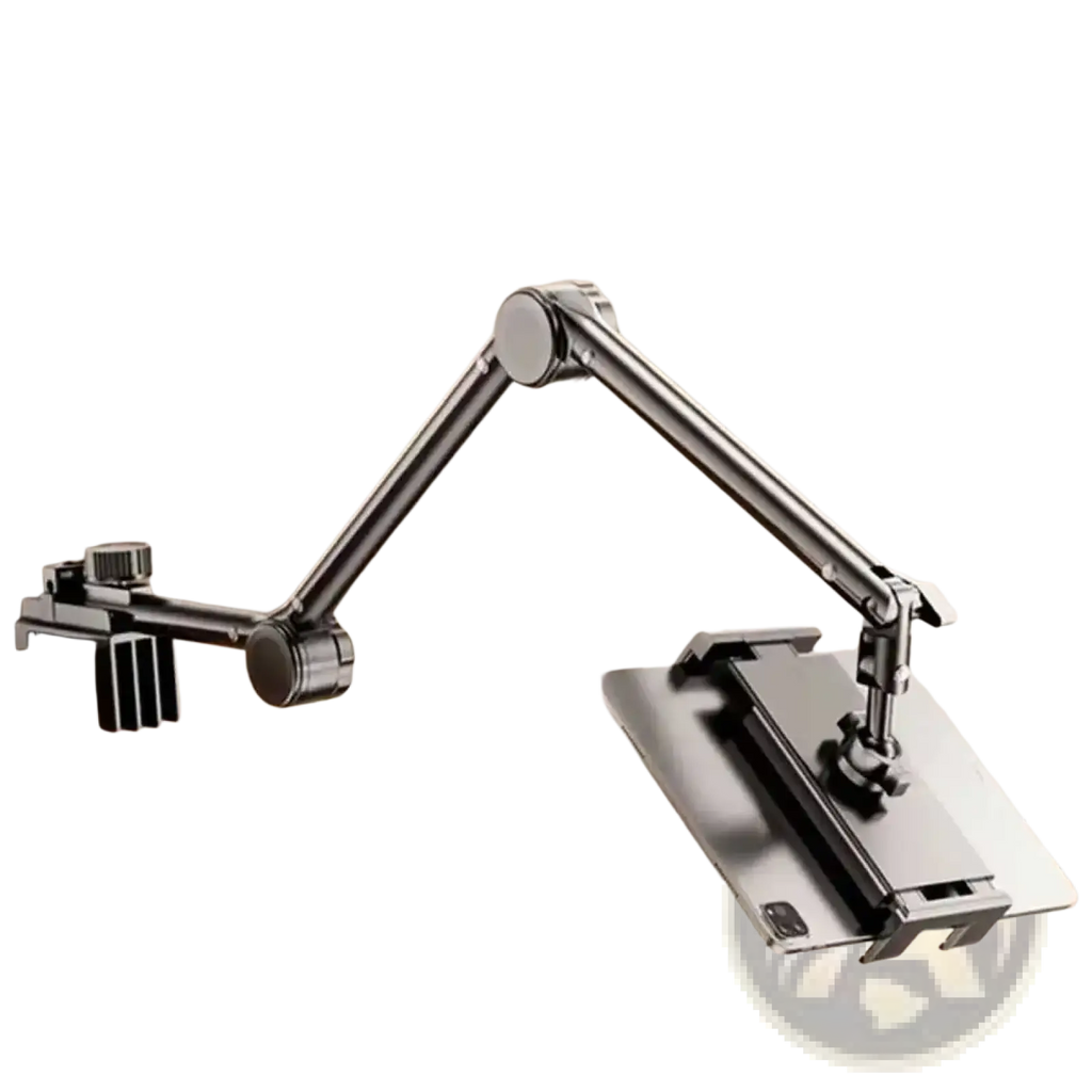 Adjustable black metal tablet stand with foldable desk mount and clamp compatible with 4 to 13 inch devices