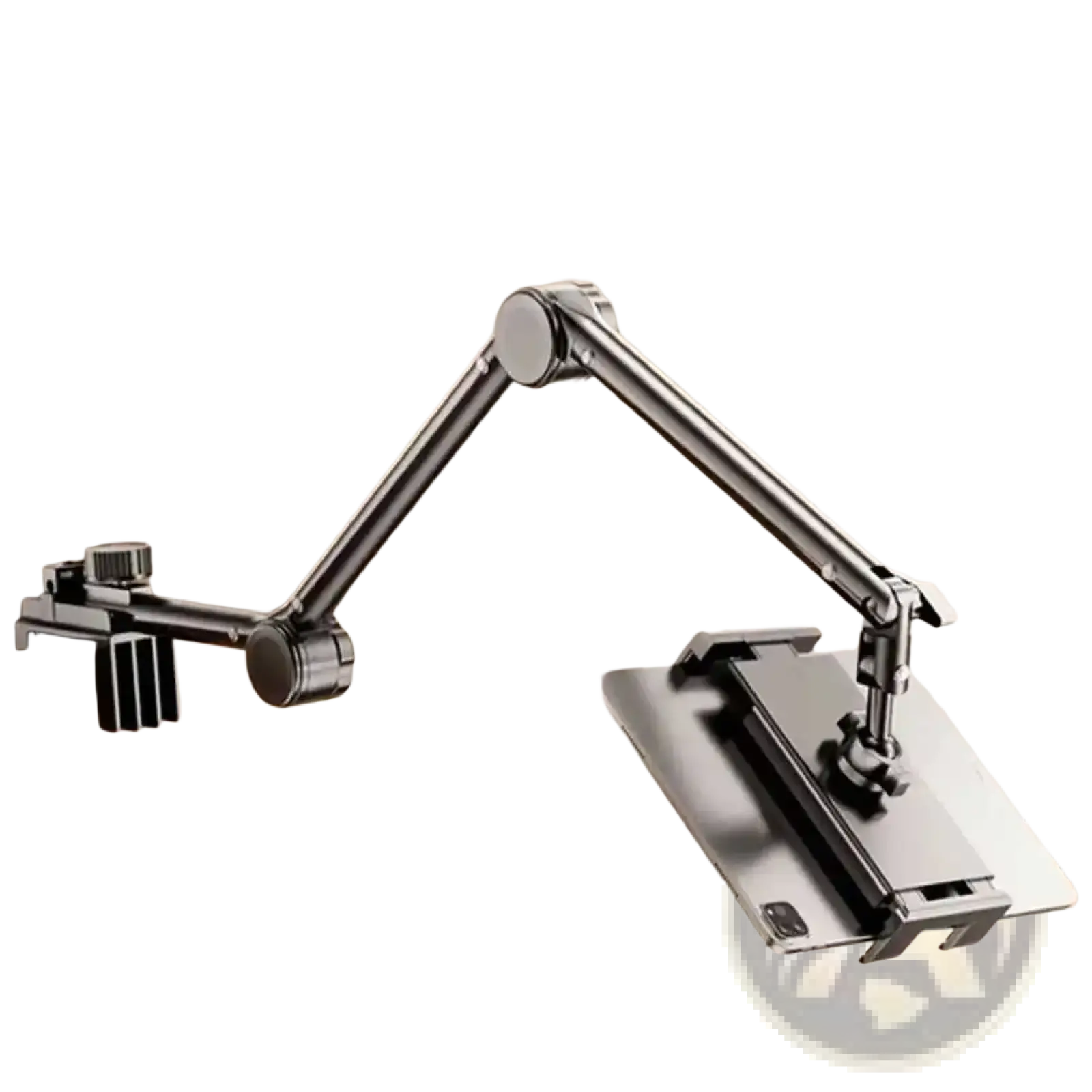 Adjustable black metal tablet stand with foldable desk mount and clamp compatible with 4 to 13 inch devices