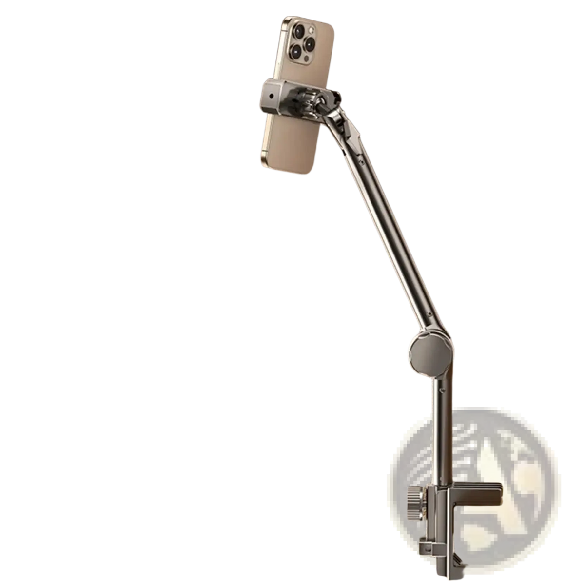 Silver metallic adjustable foldable desk mount phone and tablet stand with clamp base and articulated arm holding smartphone