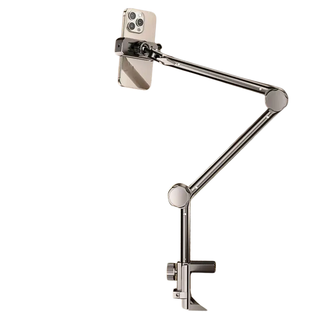 Adjustable silver metal phone stand with clamp base and articulated arm holding a white smartphone for 4-13 inch devices