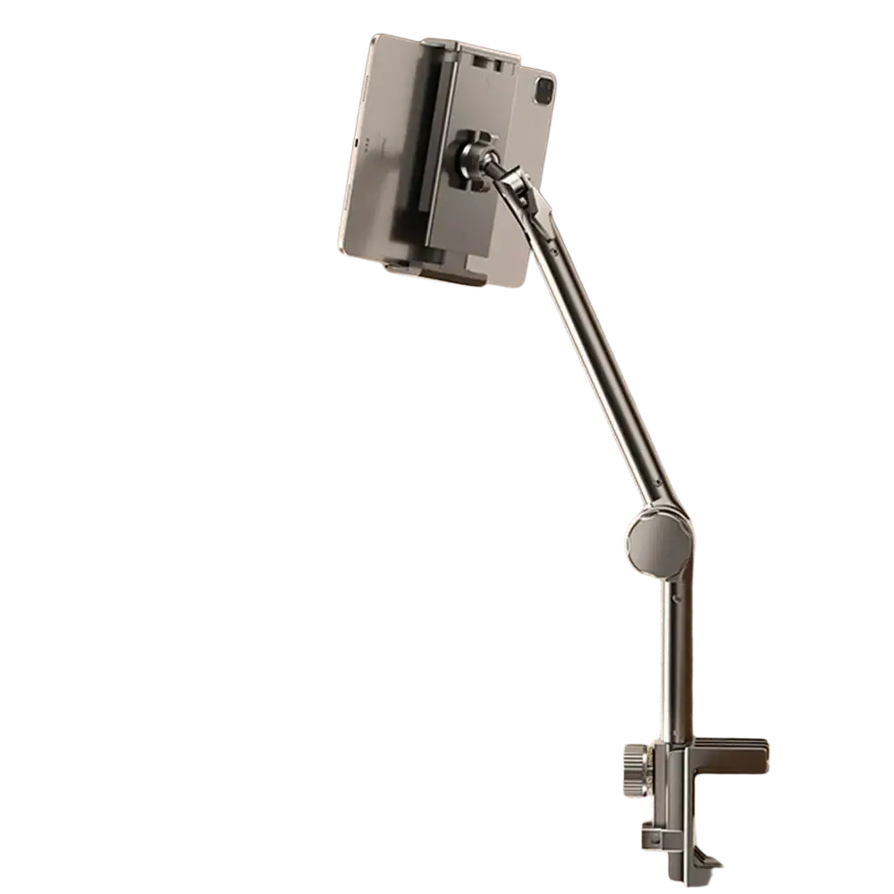 Silver metallic tablet stand arm clamp with adjustable height and angle for secure device support on desk mount