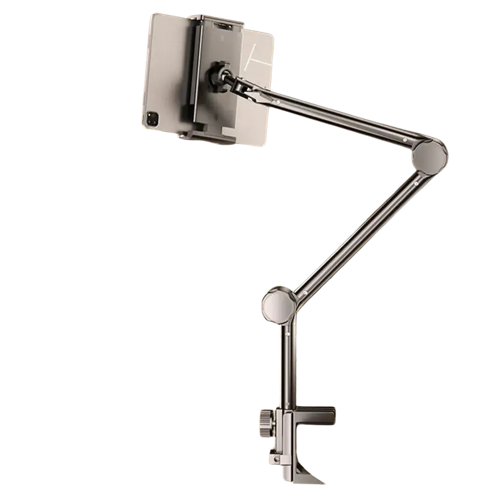Silver metallic adjustable foldable tablet arm clamp with articulated joints and clamping base for 4-13 inch tablets