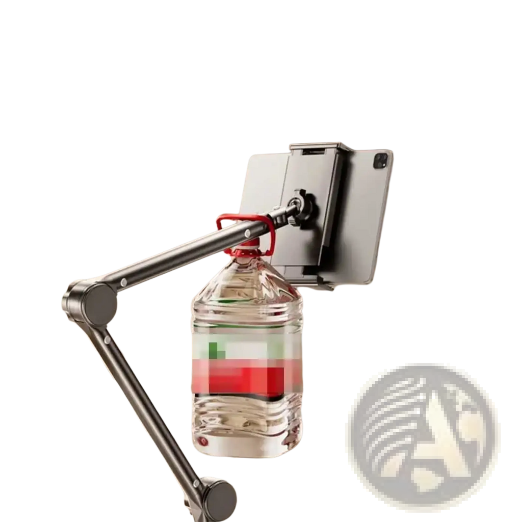 Silver metallic adjustable foldable tripod tablet stand with red clamp holding a white 4-13 inch tablet