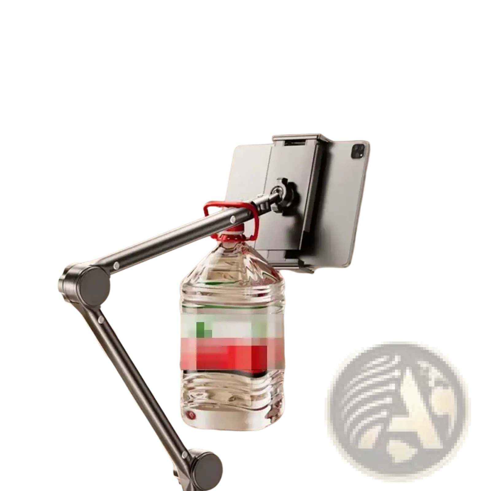 Silver metallic adjustable foldable tripod tablet stand with red clamp holding a white 4-13 inch tablet