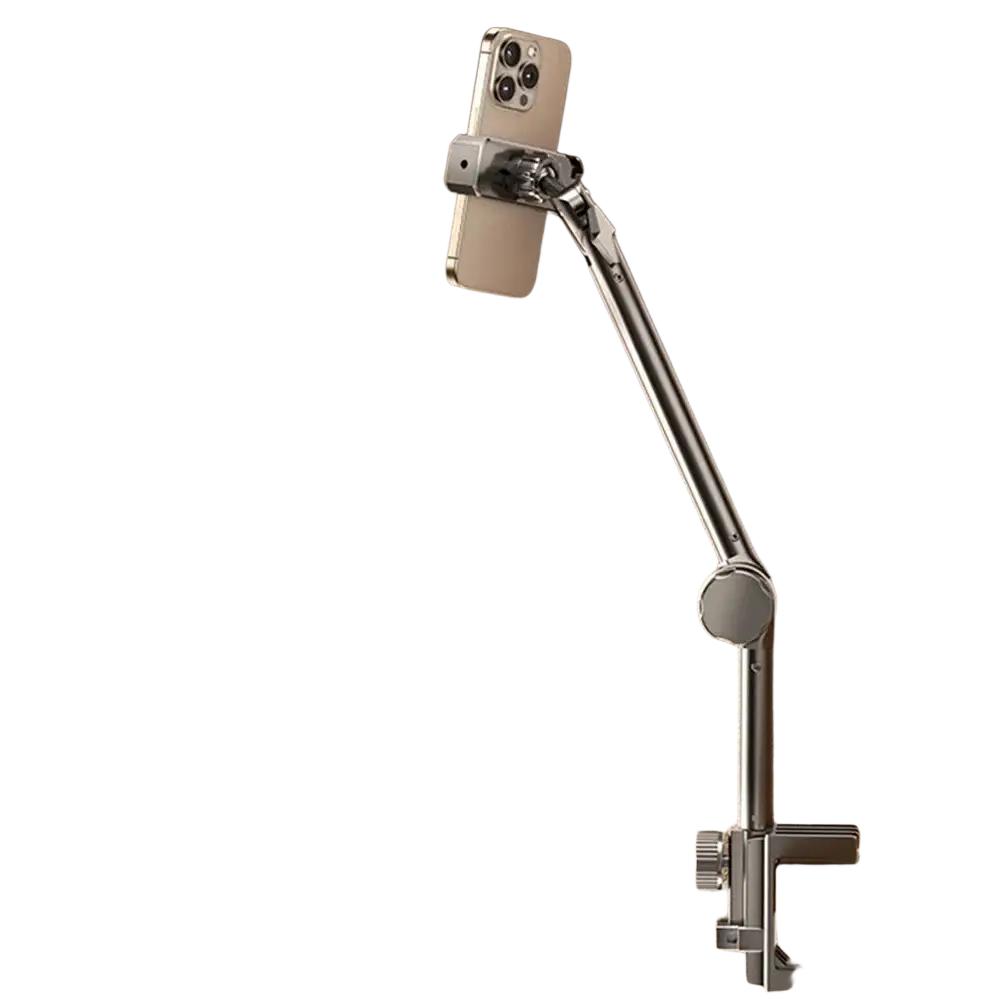 Silver metallic adjustable foldable desk mount phone and tablet stand with clamp base and articulated arm holding smartphone