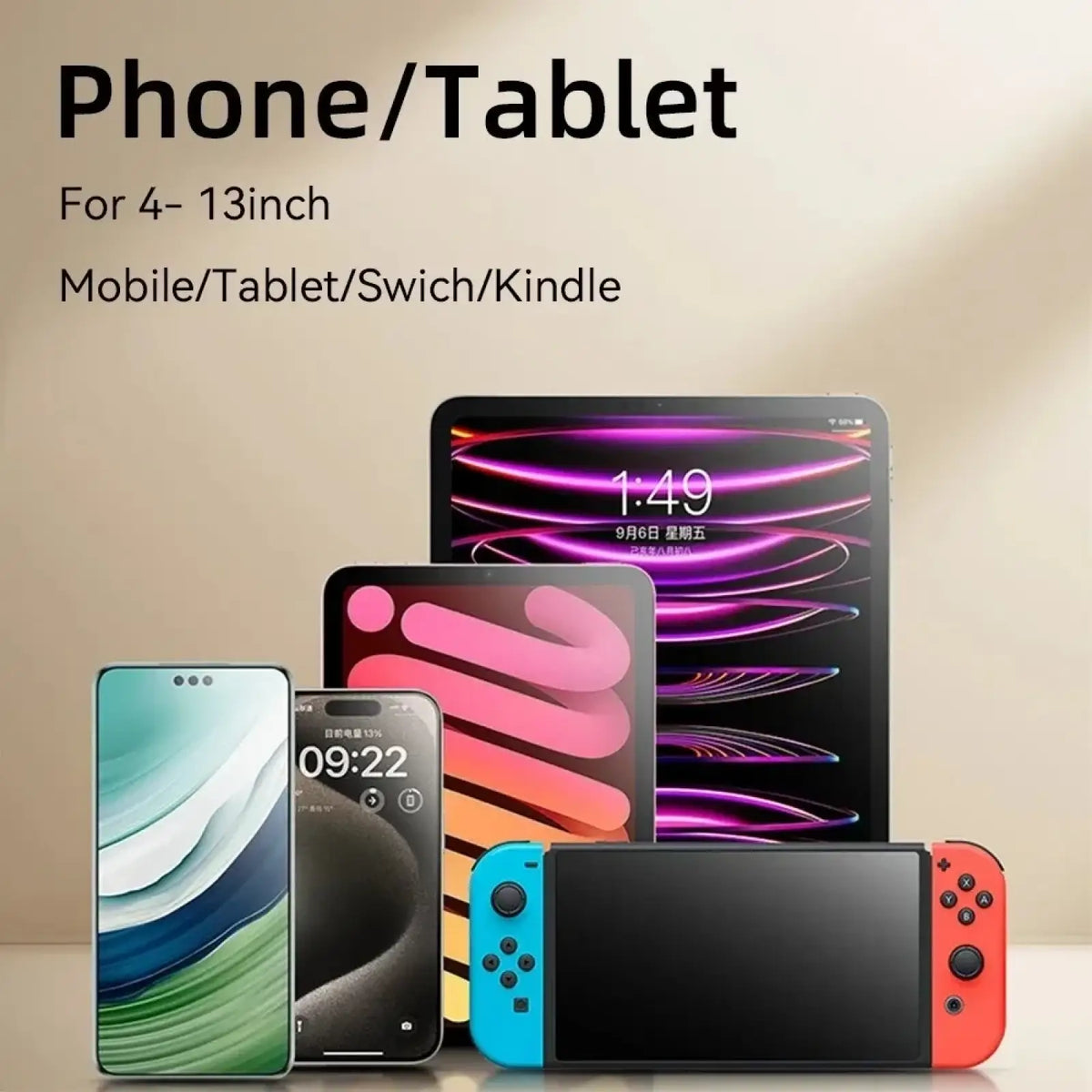 A sleek black tablet with a vibrant purple and pink wallpaper on an adjustable foldable desk mount stand for 4 to 13 inch devices