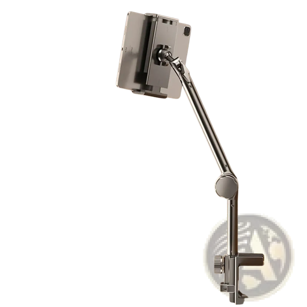 Silver metallic tablet stand arm clamp with adjustable height and angle for secure device support on desk mount