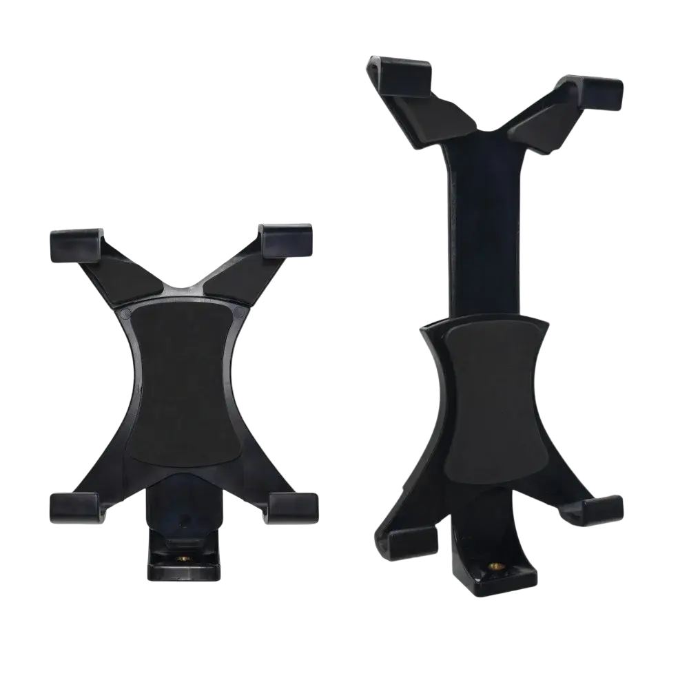 Black plastic tablet tripod mount designed to hold 8-11 inch tablets including ipad air air2 and galaxy tablets