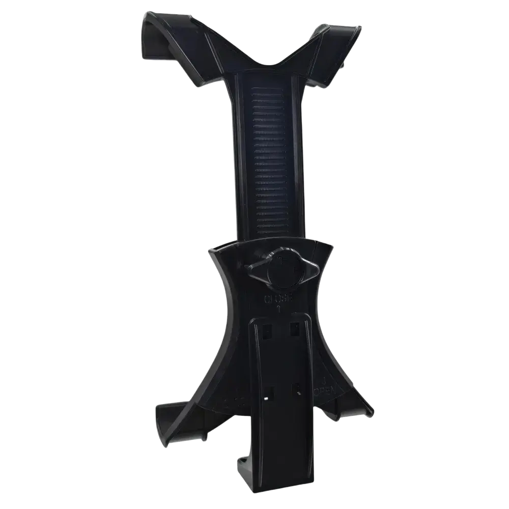 Black plastic tablet tripod mount with textured grip and adjustable clamping for ipad air air2 and galaxy tablets