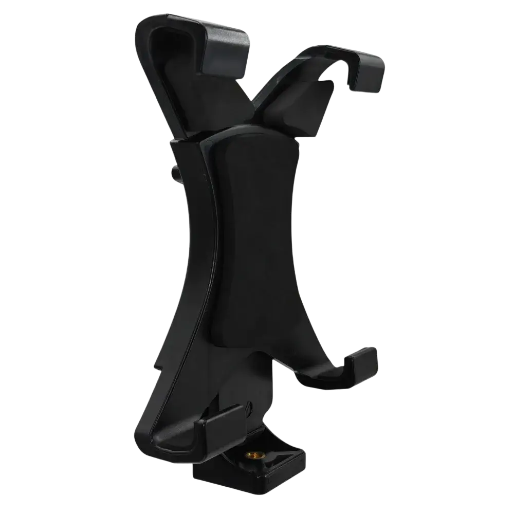Black plastic tablet tripod mount with adjustable clamps and mounting base for ipad air and galaxy tablets