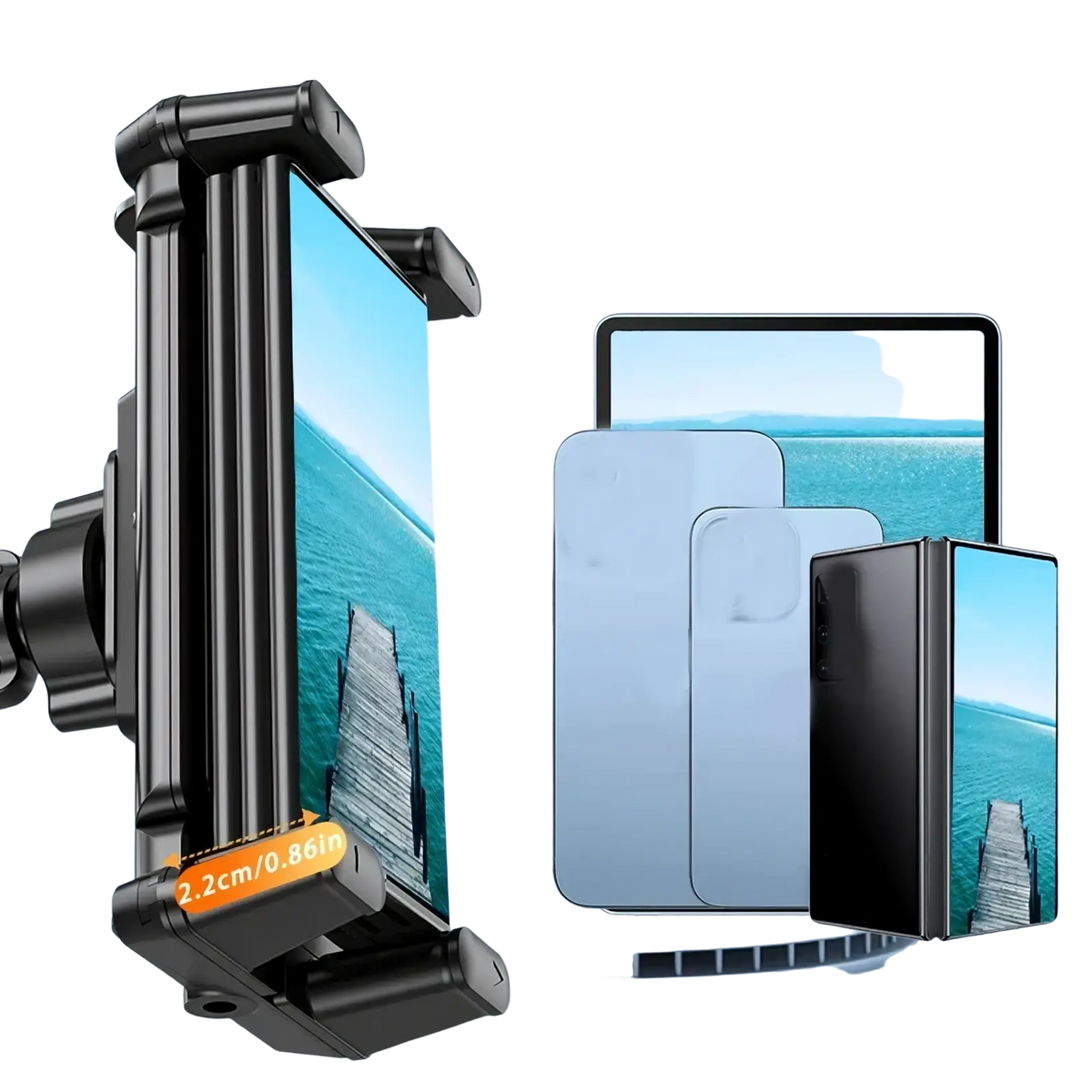 Black universal phone mount with adjustable clamp for devices up to 2.2cm thick holding smartphone futuristic backdrop