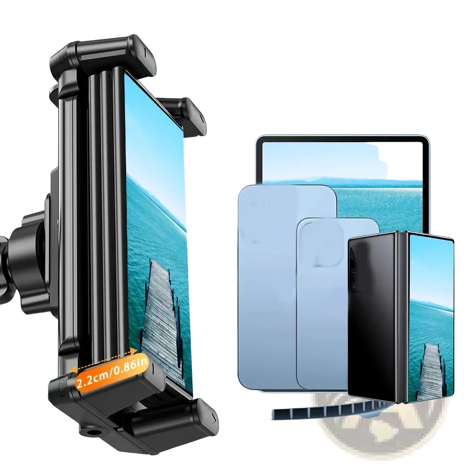 Black universal phone mount with adjustable clamp for devices up to 2.2cm thick holding smartphone futuristic backdrop
