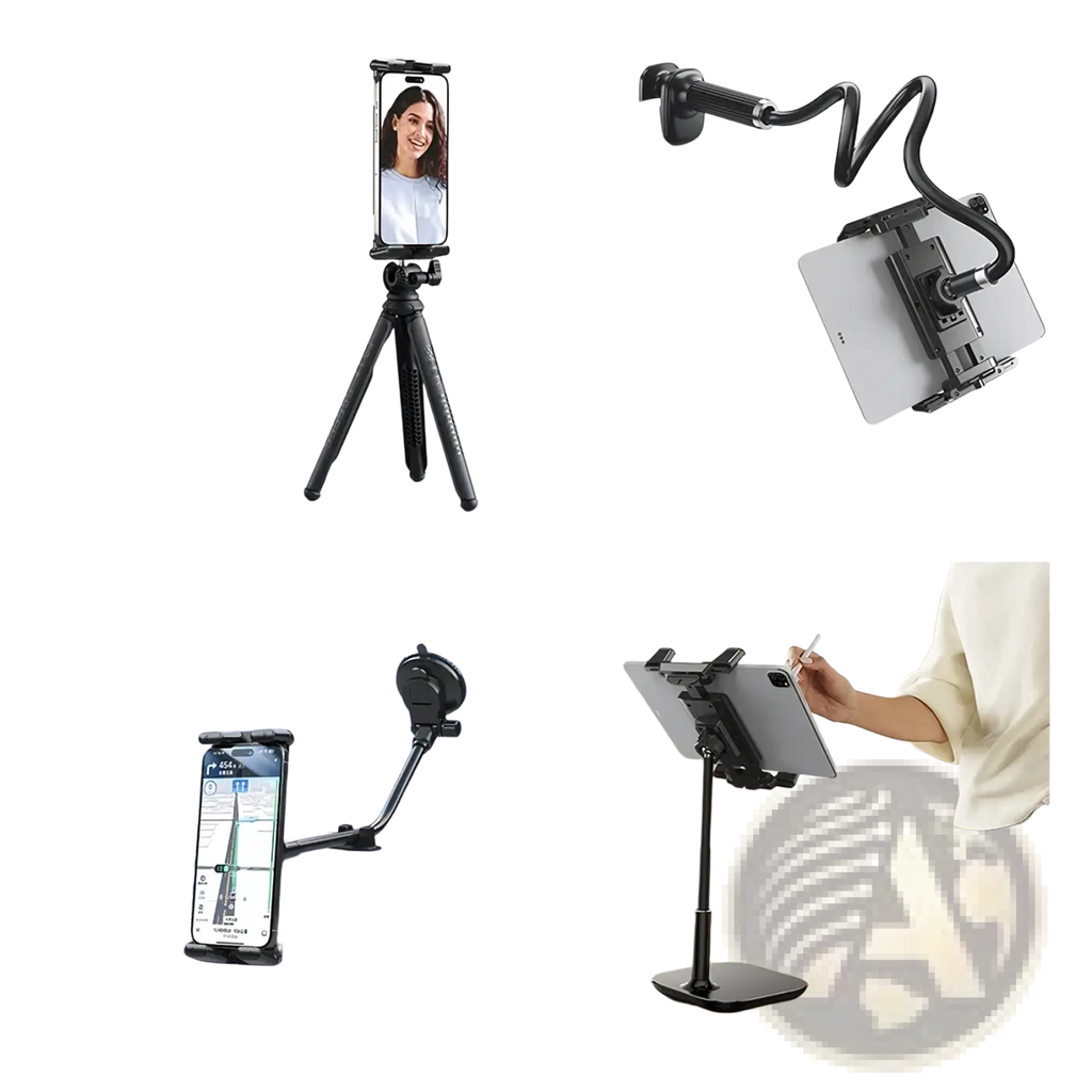 Black adjustable tablet tripod mount with flexible gooseneck arm for universal phone and tablet holding