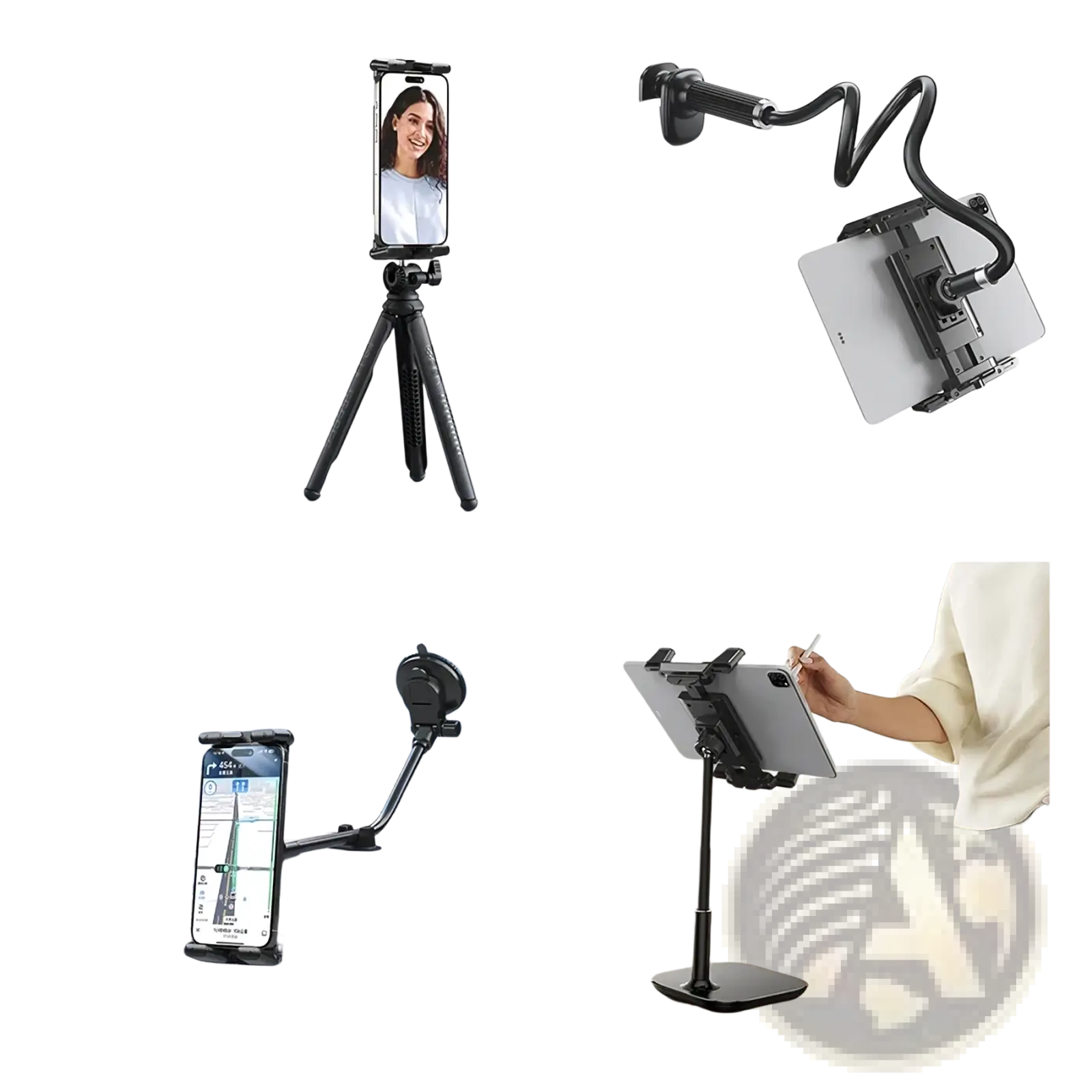 Black adjustable tablet tripod mount with flexible gooseneck arm for universal phone and tablet holding