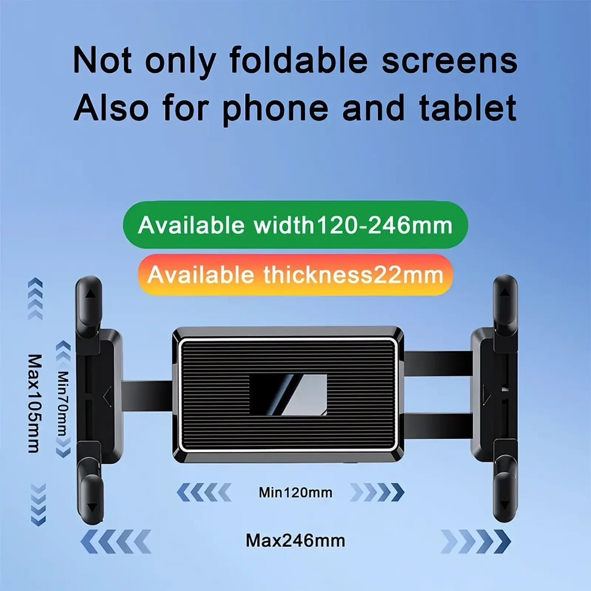 Black foldable tablet tripod mount with textured ribbed panel and adjustable side arms for phone and tablet support