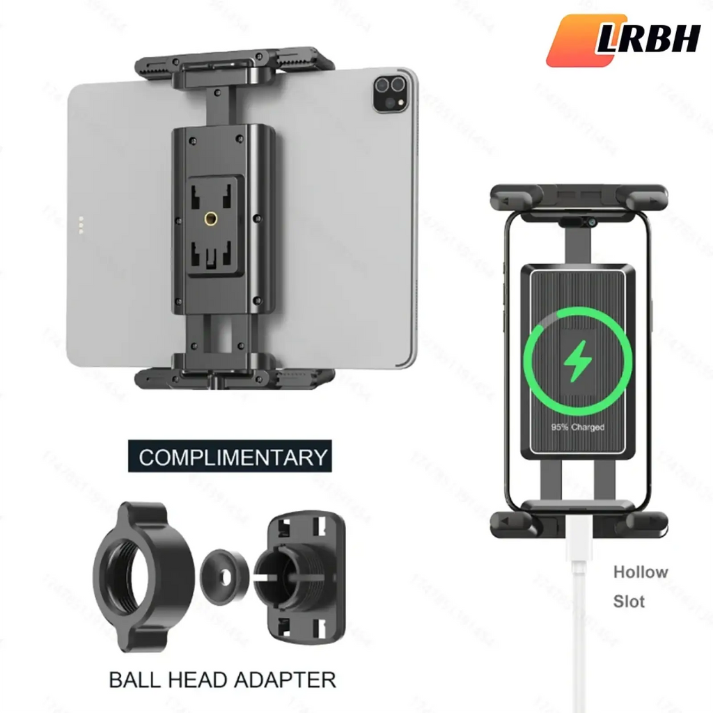 Black metal tablet and phone tripod mount with integrated charging port and cable management slot shown from back side