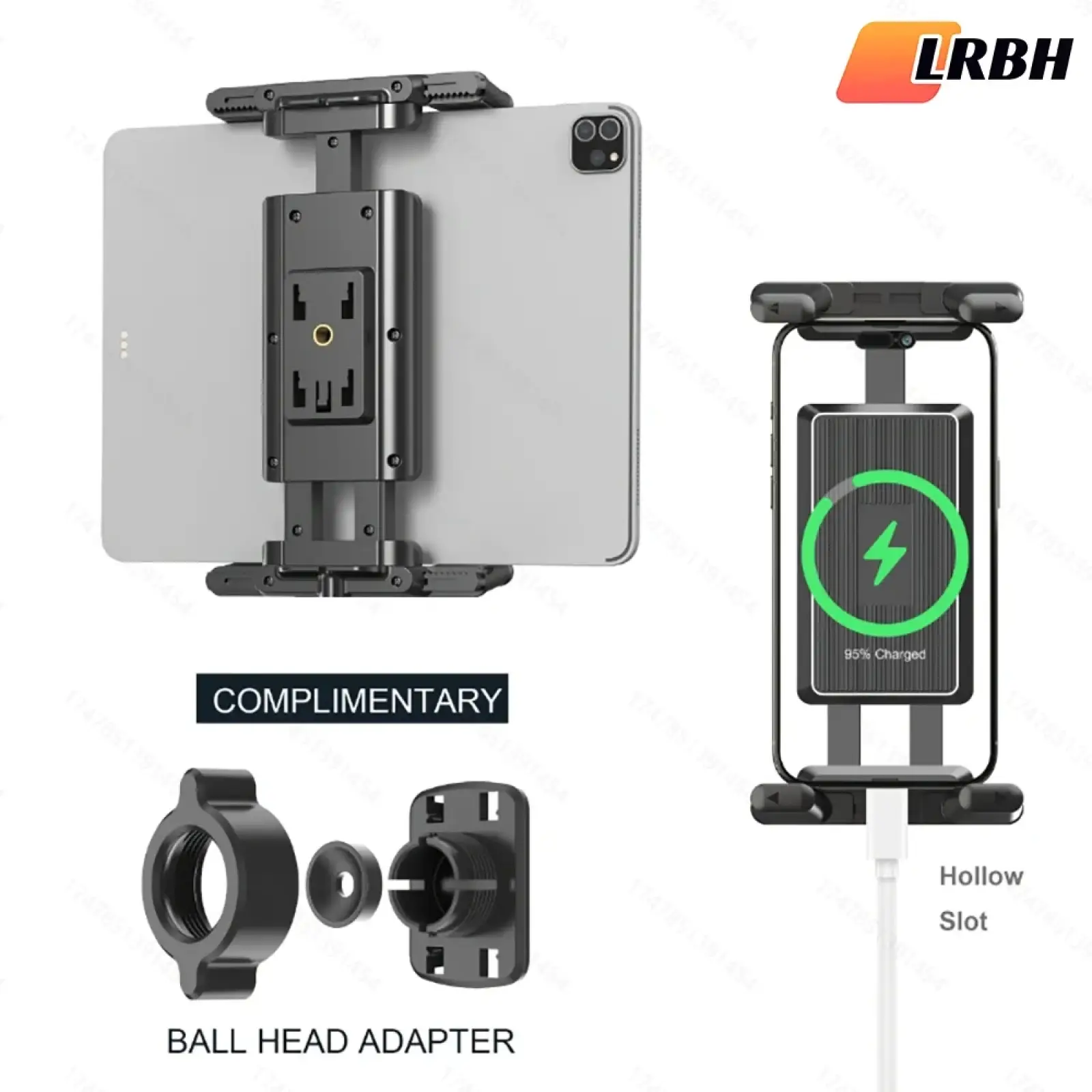 Black metal tablet and phone tripod mount with integrated charging port and cable management slot shown from back side