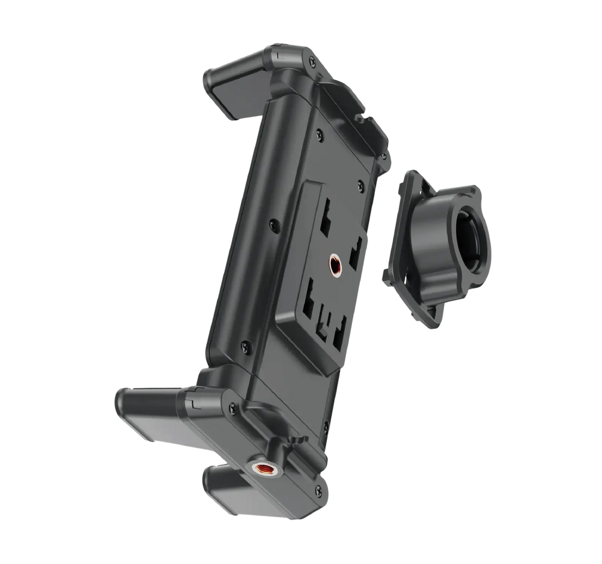 Black plastic tablet tripod mount universal holder with adjustable clamps and separate circular mounting bracket