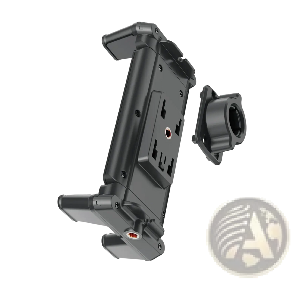 Black plastic tablet tripod mount universal holder with adjustable clamps and separate circular mounting bracket