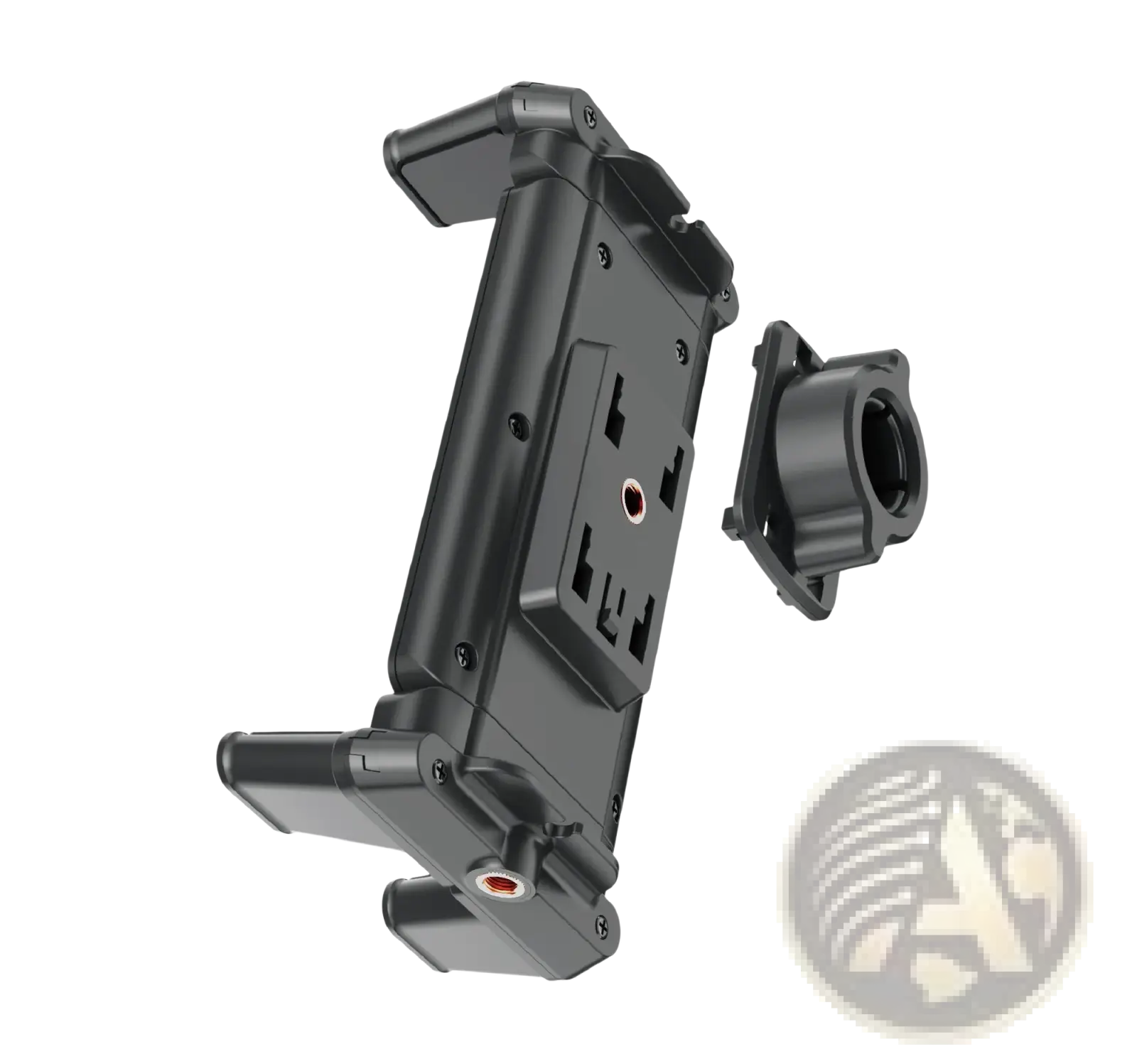 Black plastic tablet tripod mount universal holder with adjustable clamps and separate circular mounting bracket